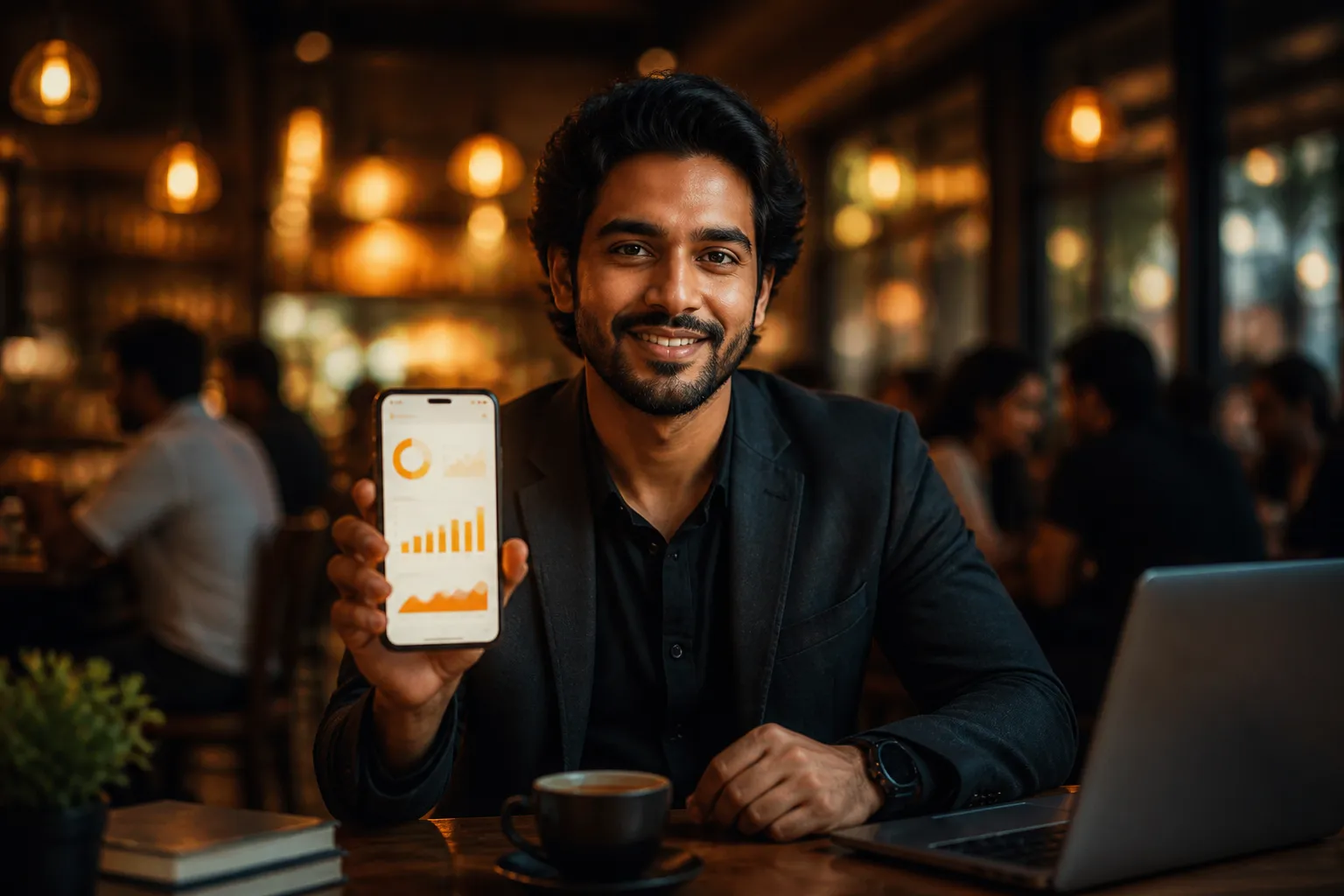 Entrepreneur using AI niche discovery on a smartphone