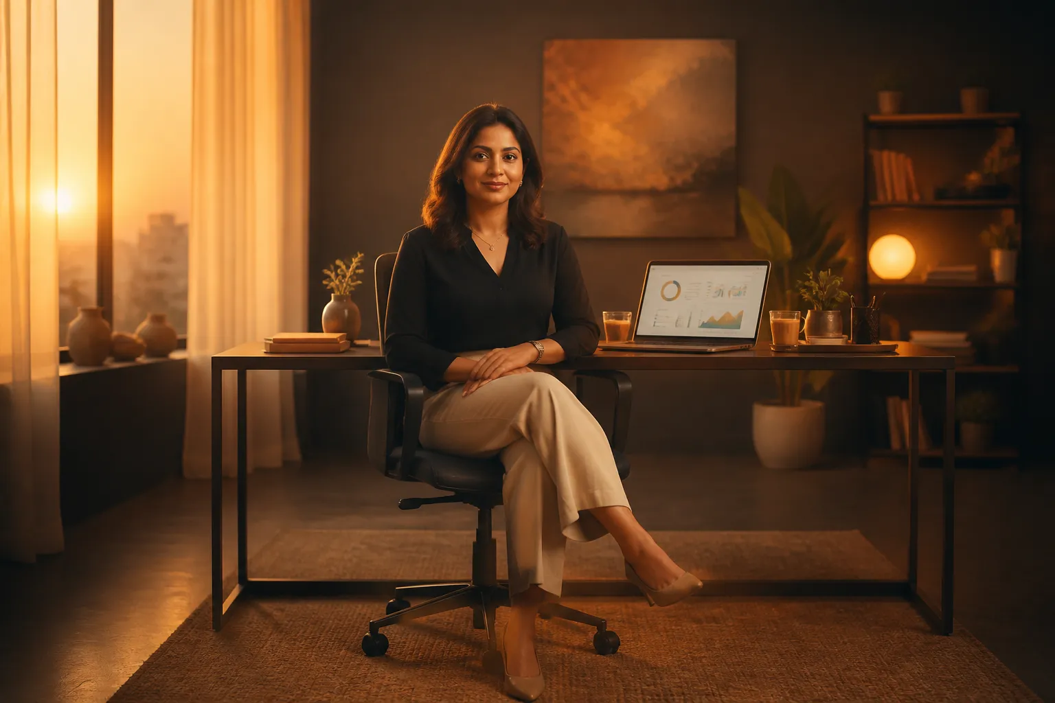 Indian entrepreneur confidently working at her desk on her online business