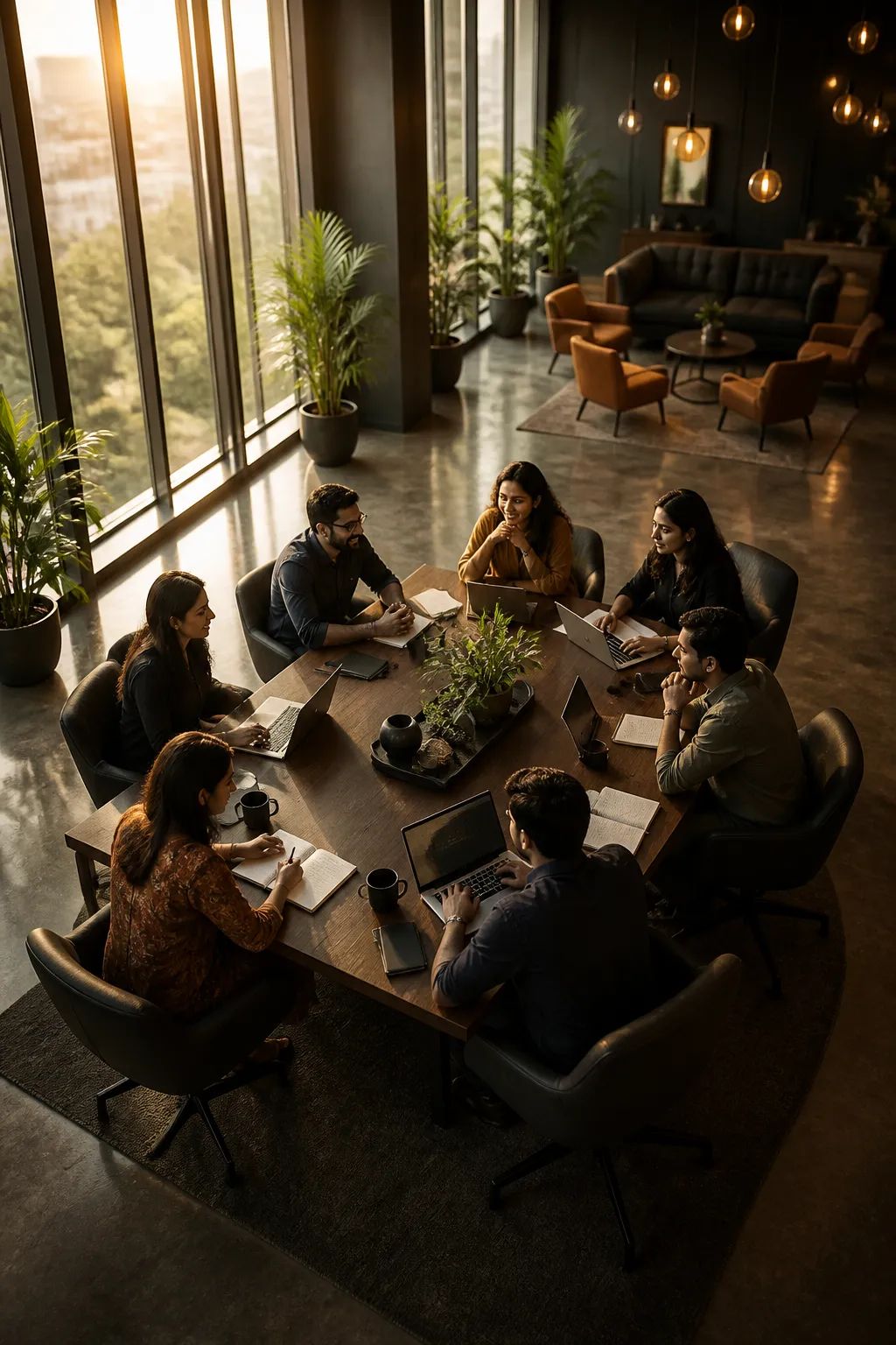 Indian entrepreneurs collaborating around a modern co-working table