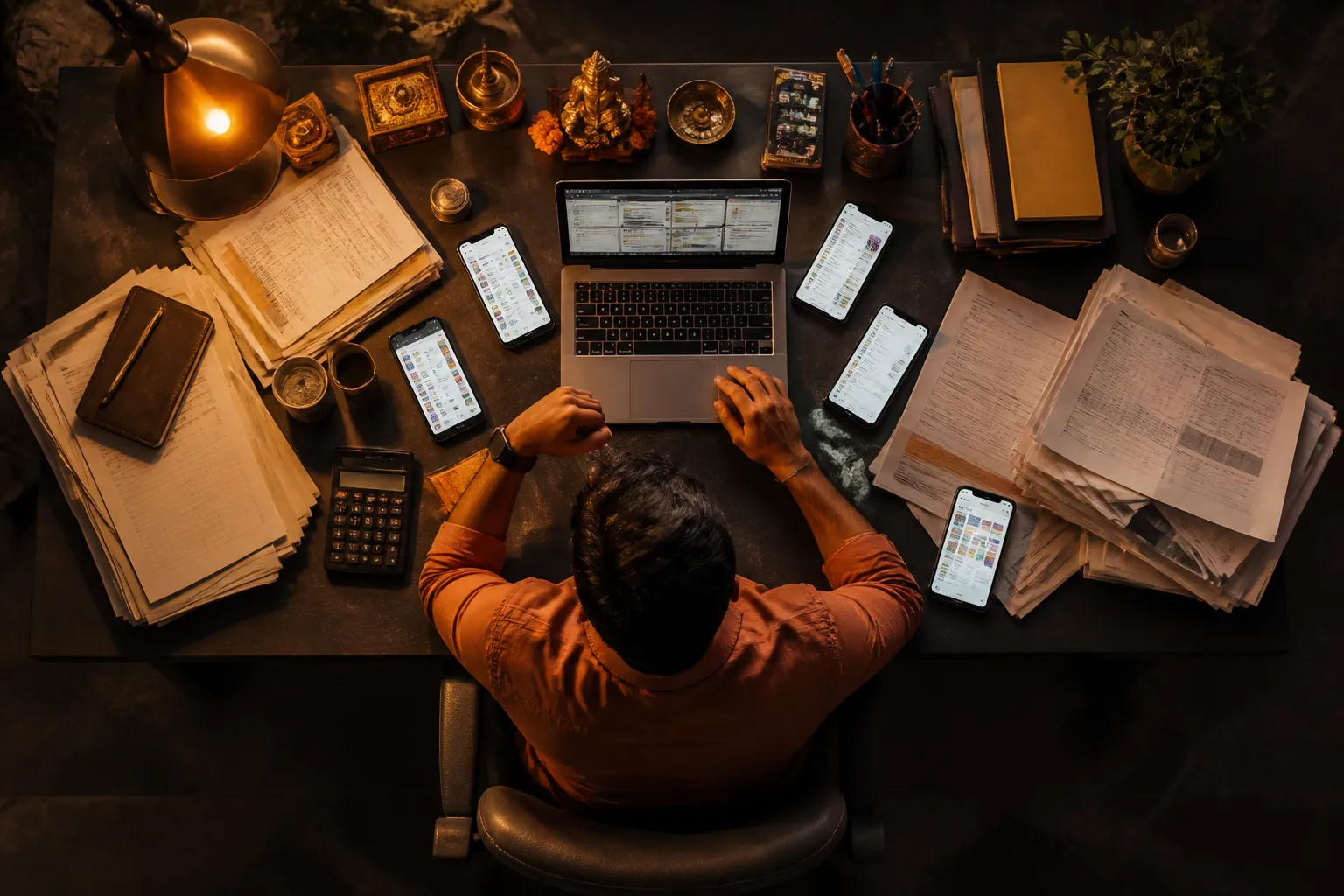 Overwhelmed entrepreneur's desk cluttered with disconnected tools and stacked bills